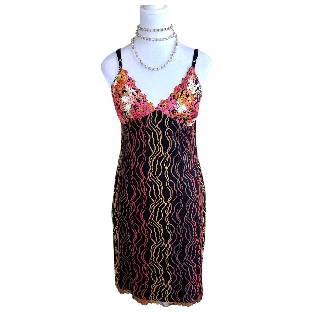 Nicole Miller Y2K Slip Dress Mesh Colorful Embroidery (L) NWT